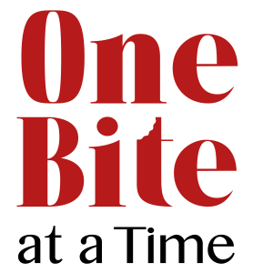A red one bite logo on black background